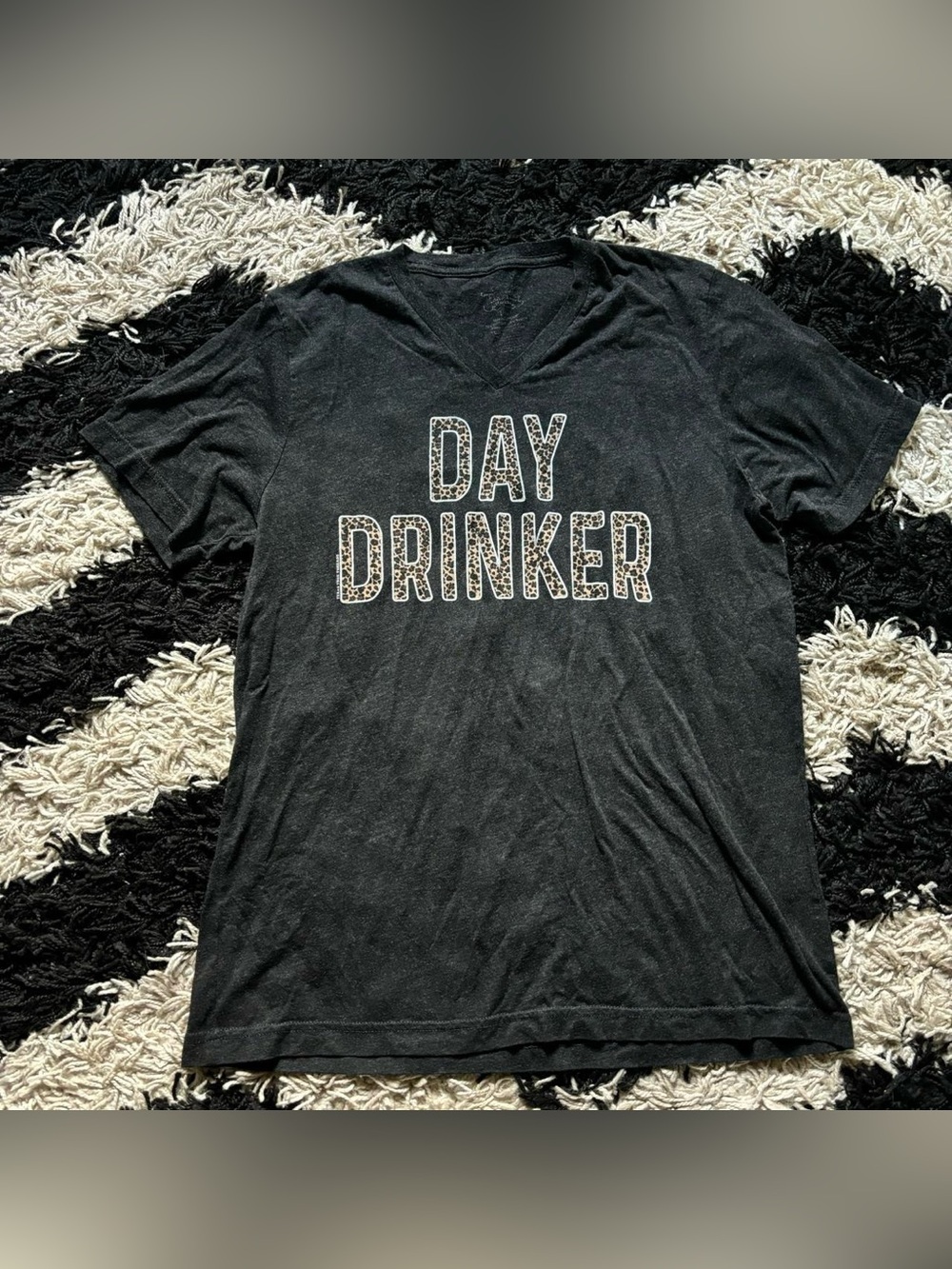 Cheetah Print Day Drinker Graphic Charcoal Grey Short Sleeve V-Neck Tshirt
